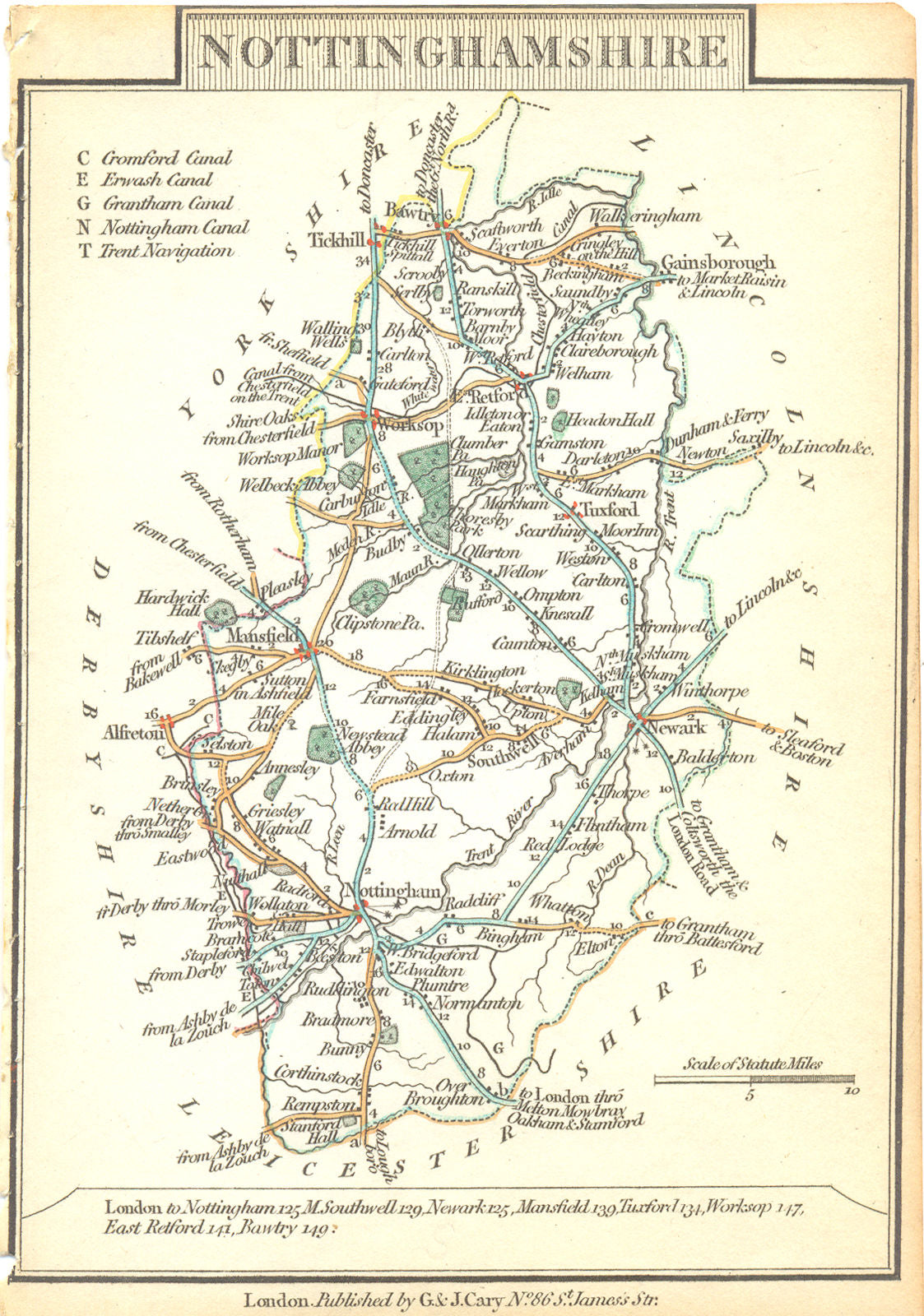 NOTTINGHAMSHIRE. Notts. Cary. Miniature. Outline colour 1810 old antique map